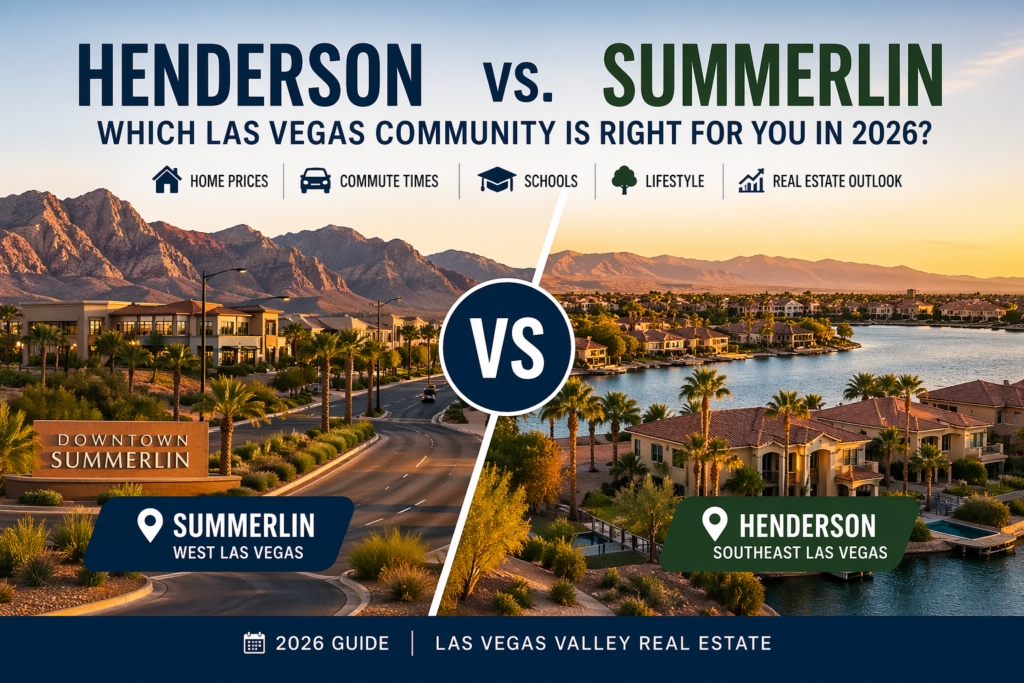 Henderson vs Summerlin 2026 comparison showing Las Vegas master-planned communities with Red Rock Canyon and Lake Las Vegas lifestyle views