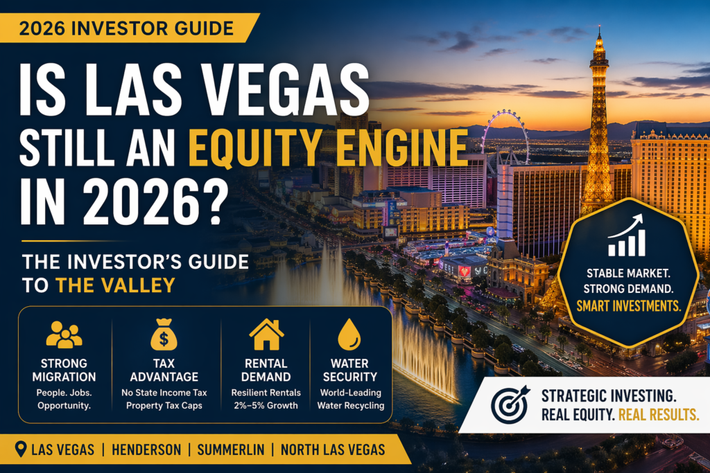Las Vegas skyline at sunset highlighting real estate investment opportunities in 2026 across Henderson, Summerlin, and North Las Vegas