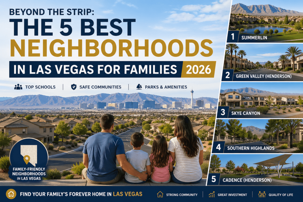 Best family-friendly neighborhoods in Las Vegas 2026 including Summerlin, Green Valley Henderson, Skye Canyon, Southern Highlands, and Cadence