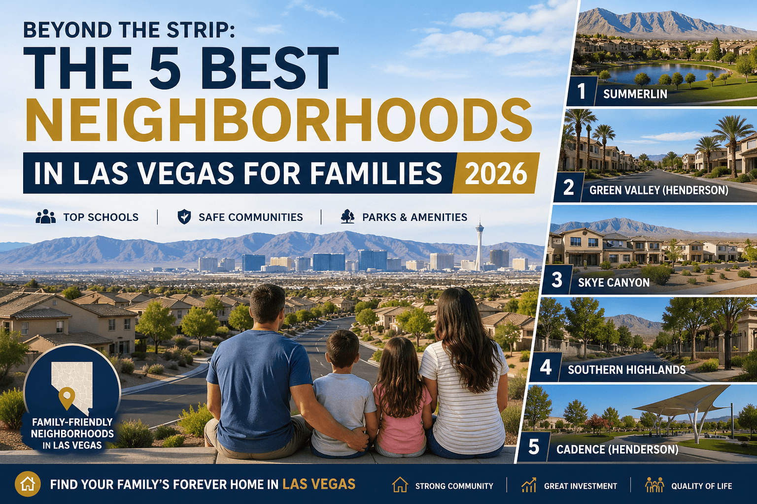 Best family-friendly neighborhoods in Las Vegas 2026 including Summerlin, Green Valley Henderson, Skye Canyon, Southern Highlands, and Cadence
