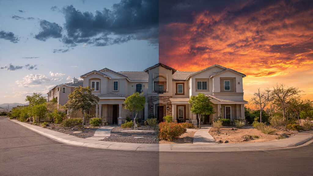 Luxury modern home in Las Vegas Valley at golden hour with real estate market charts on tablet, representing 2026 Las Vegas housing market trends for buyers