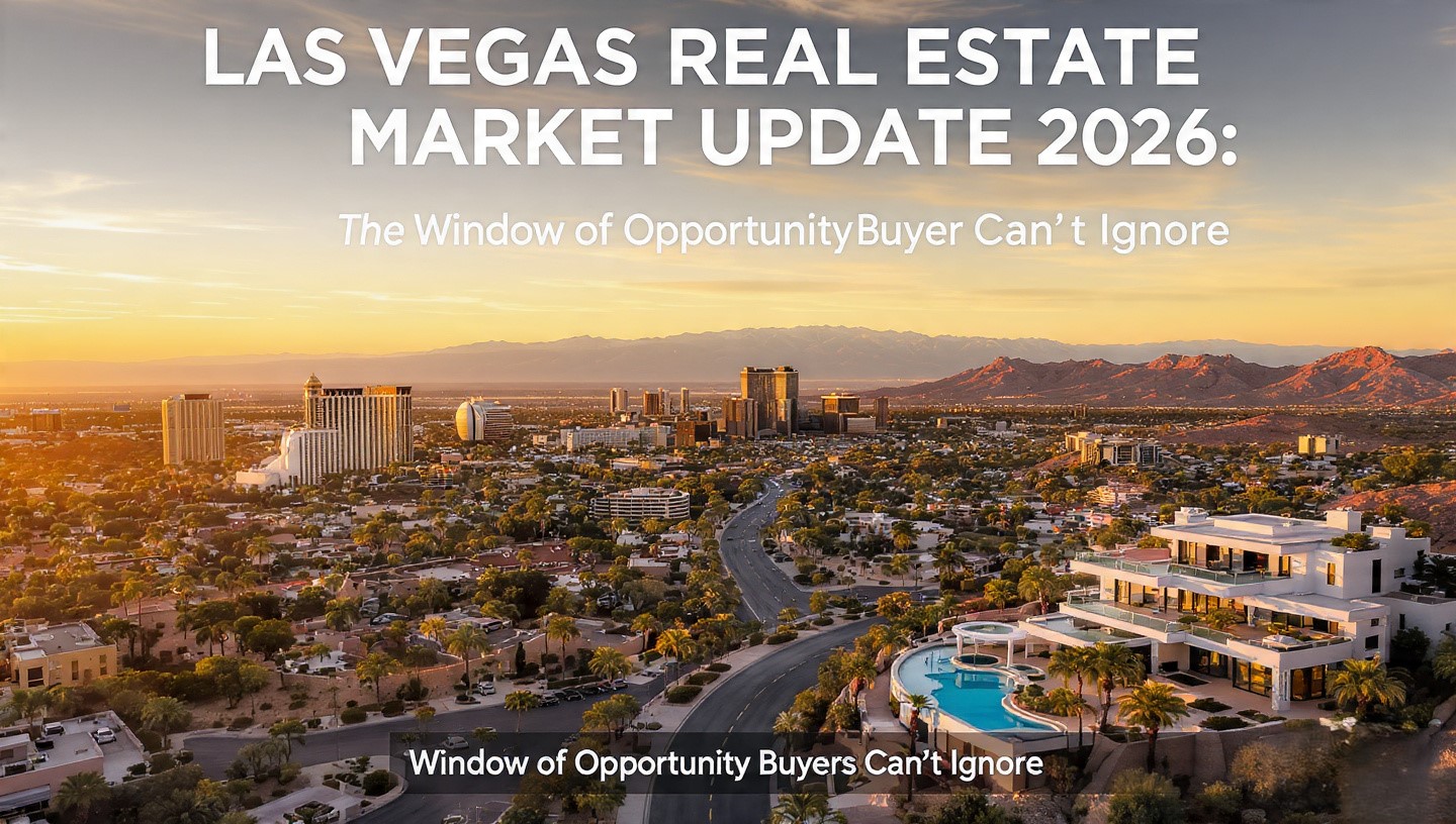 Aerial view of Las Vegas luxury homes with pools at golden hour, desert mountains and Strip skyline in background. Blog cover for Las Vegas Real Estate Market Update 2026: The Window of Opportunity Buyers Can’t Ignore.