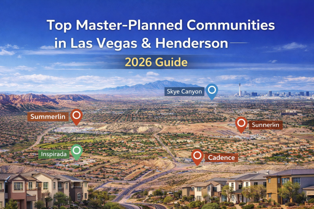 Top master-planned communities in Las Vegas and Henderson for 2026 showing Summerlin, Inspirada, Cadence, Skye Canyon, and Sun City Anthem map overview