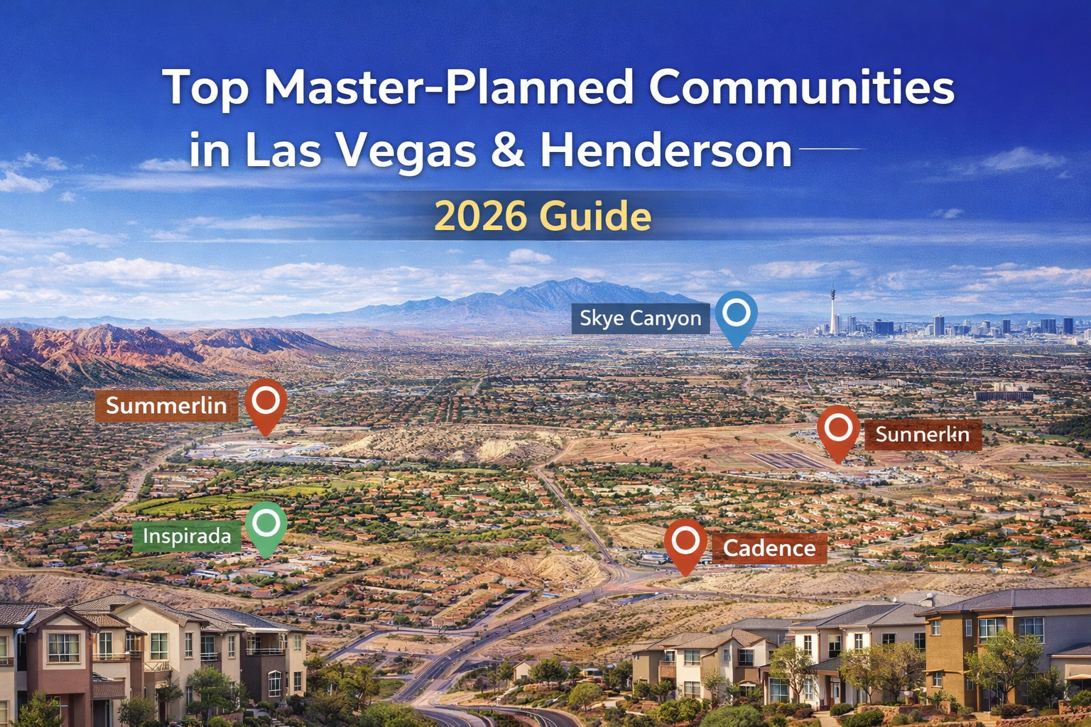 Top master-planned communities in Las Vegas and Henderson for 2026 showing Summerlin, Inspirada, Cadence, Skye Canyon, and Sun City Anthem map overview