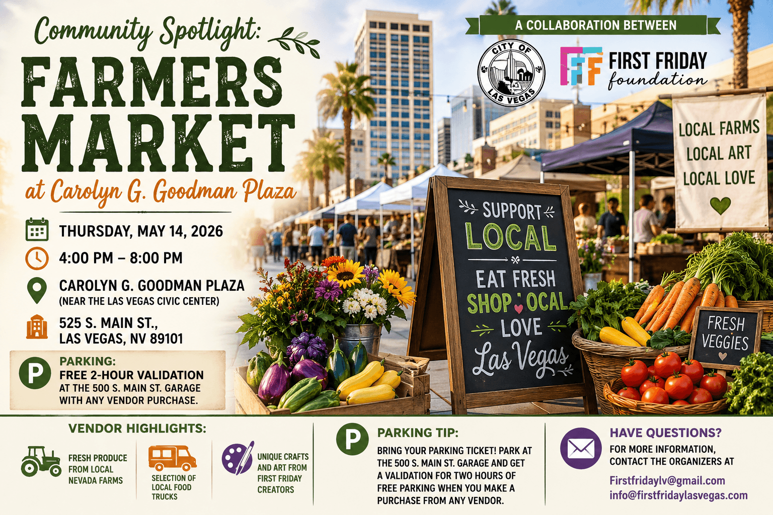 Local vendors and fresh produce at the Las Vegas Farmers Market on Goodman Plaza.