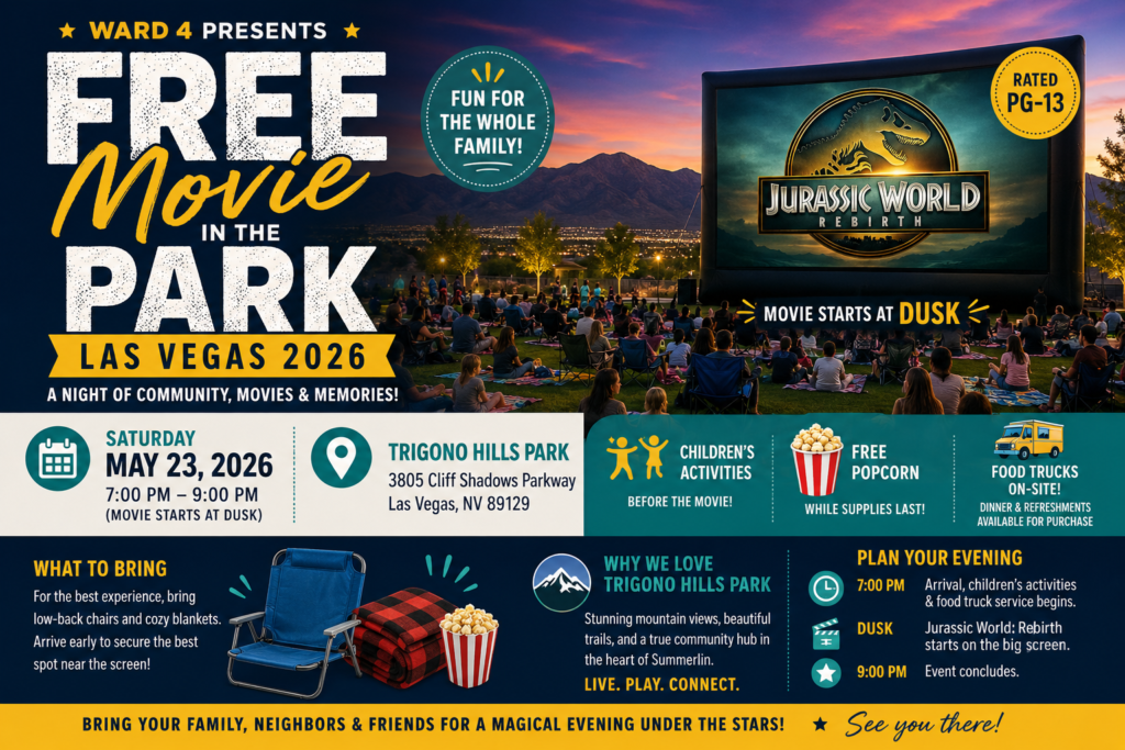 Promotional flyer for a Free Movie in the Park event in Las Vegas featuring Jurassic World: Rebirth at Trigono Hills Park, with event details, sunset mountain backdrop, and family activities.