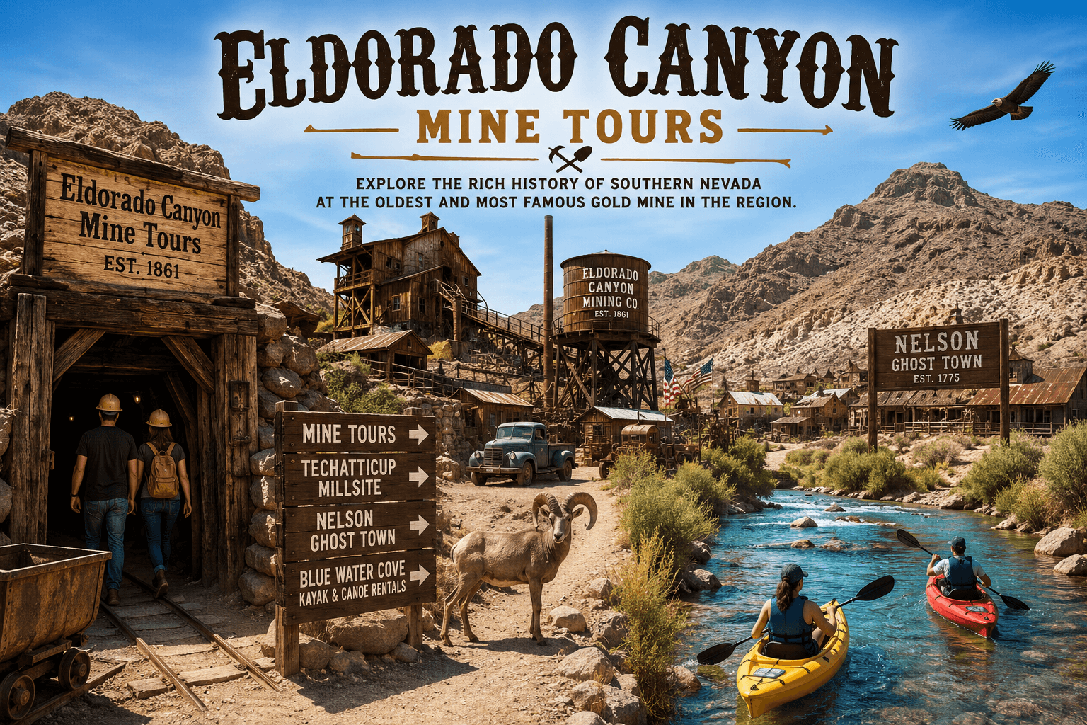 Historic Eldorado Canyon Mine Tours near Nelson, Nevada featuring gold mine entrance, ghost town buildings, desert mountains, and kayakers on blue water.