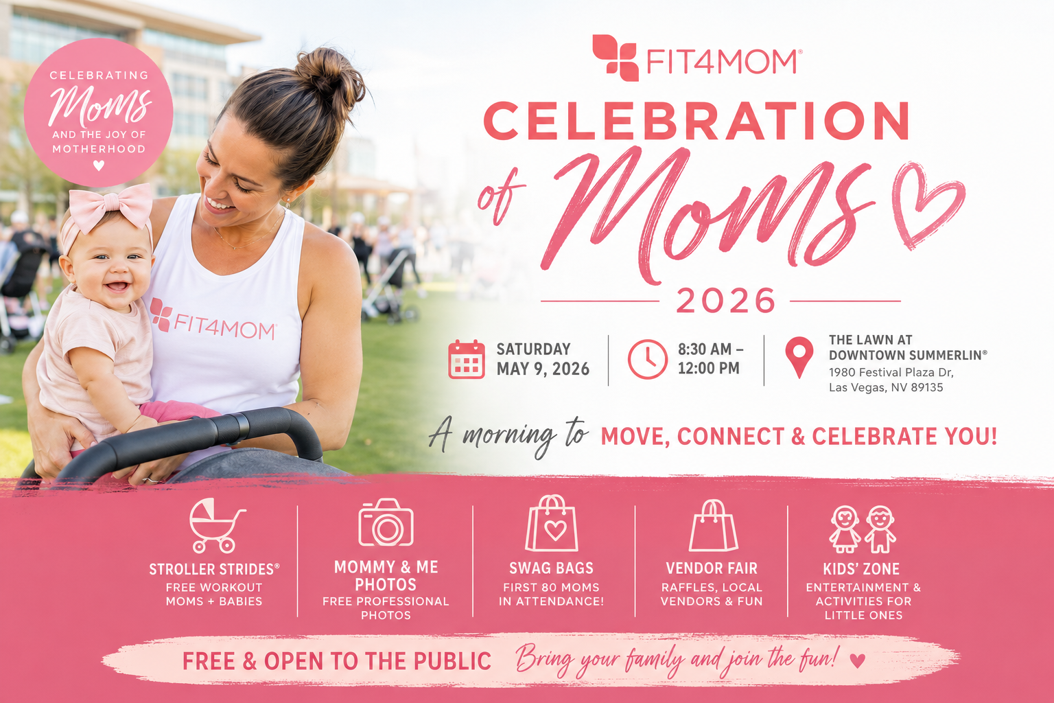 FIT4MOM Celebration of Moms 2026 event flyer showing mom with baby at Downtown Summerlin Las Vegas on May 9