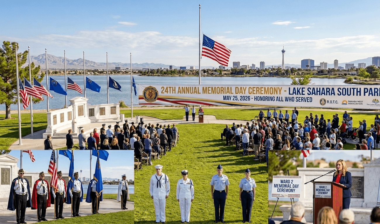 A patriotic scene at Lake Sahara South Park featuring members of the U.S. Navy and Air Force Junior R.O.T.C. standing at attention during a Memorial Day ceremony. The American flag and Nevada state flag fly at half-staff in the background near the lake, with community members gathered in a respectful silence