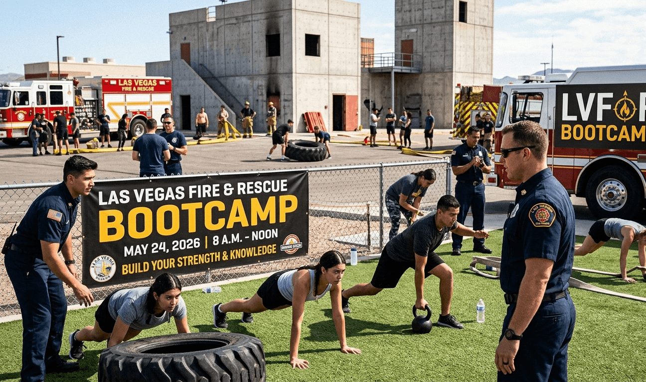 An action-oriented scene at the Las Vegas Fire & Rescue Training Center showing participants engaged in a fitness bootcamp. In the foreground, individuals in athletic wear are performing push-ups and lunges on a green turf area, guided by uniformed firefighters. A large black banner prominently displays "Las Vegas Fire & Rescue BOOTCAMP - May 24, 2026 - 8 A.M. - NOON." In the background, fire engines and training towers are visible under a clear sky, with other participants flipping large tires and practicing with fire hoses.