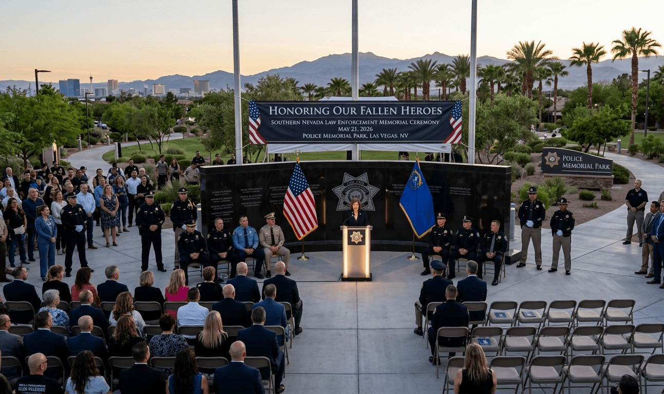 A wide shot of the Southern Nevada Law Enforcement Memorial Ceremony at Police Memorial Park during sunset. A speaker stands at a podium in front of a black memorial wall and the Nevada state and American flags, while officers in uniform and community members sit in attendance. The Las Vegas skyline and mountains are visible in the background.